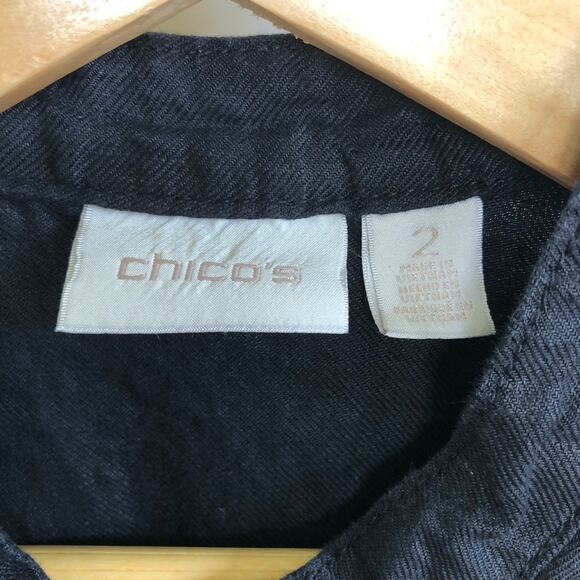 Chico's Black Linen Utility Jacket 100% Linen 2 LG Lightweight Zip Military Chic - Picture 5 of 11